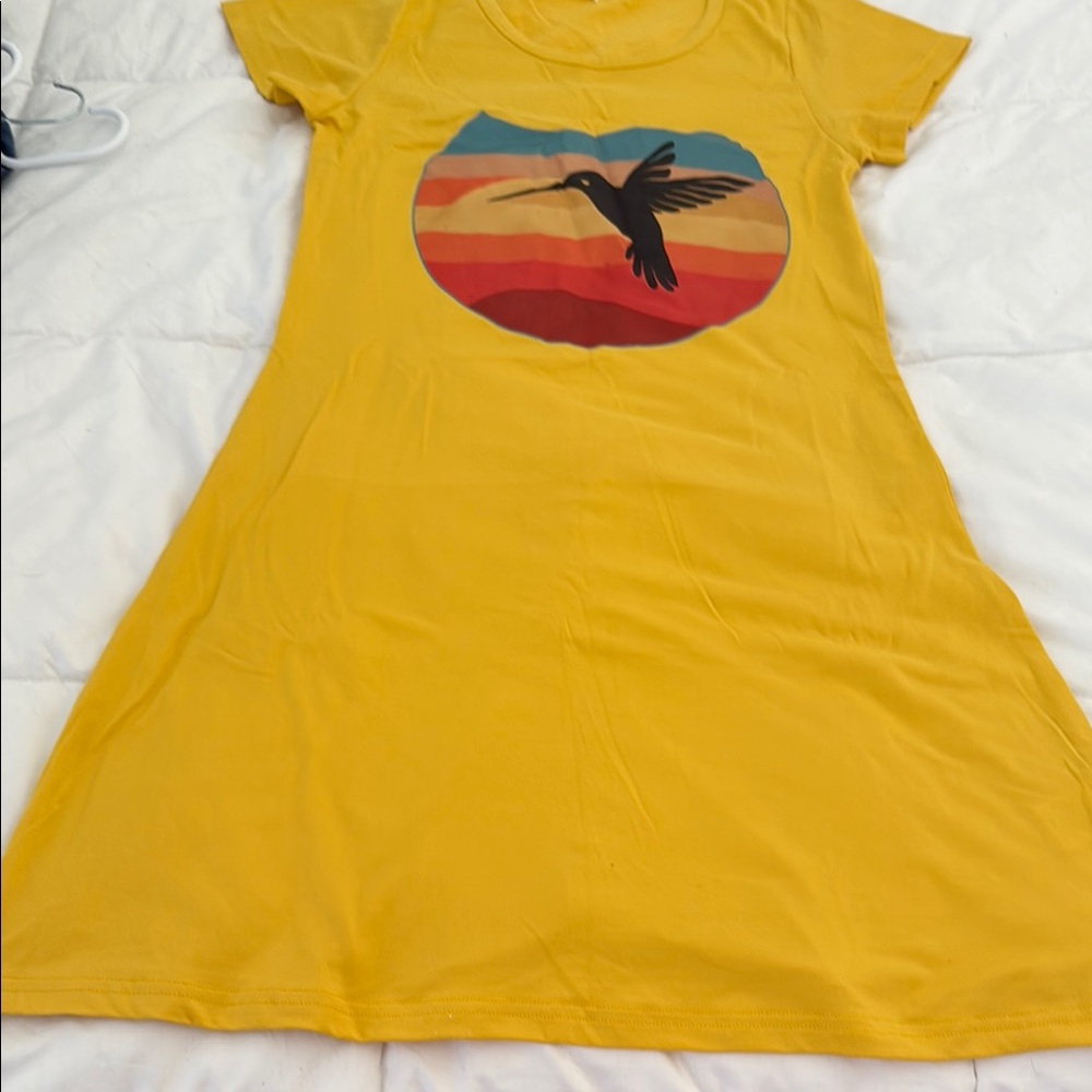 Source Unknown Yellow Midi Dress with Hummingbird Design